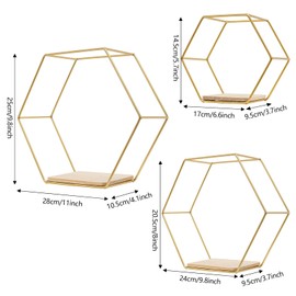 YUNRUX Wall Shelf, Pack of 3, Hexagon Hanging Shelves, 5 kg Load Capacity per Metal, Decorative Wall Shelf, Decorative Hexagon Wall Shelf for Wall Decoration in Living Room, Bedroom, Bathroom, Cafe