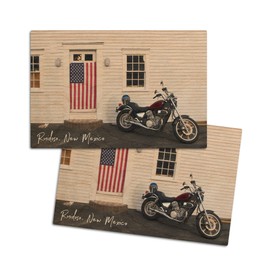 Ruidoso, New Mexico, Motorcycle and American Flag (4x6 Birch Wood Postcards, 2-Pack Stationary, Rustic Home Wall Decor)