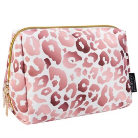 Aosbos Small Travel Makeup Pouch - Pink Leopard Print Cosmetic Case for Women