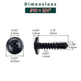 #10 x 3/4" Black Truss Head Self Drilling Screws (100 pcs), 410 Stainless Steel, Black Oxide Coated, Quick Steel Self Tapping Sheet Metal Tek Screws, Fayeploo (with Phillips Driver Bit)