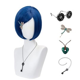 Women Cosplay Wig Dark Blue Bob Short Straight Hair Wig Button Glasses Key Necklace Gemstone Necklace Dragonfly Hairpin Costume Party Cosplay Wig (SET4)