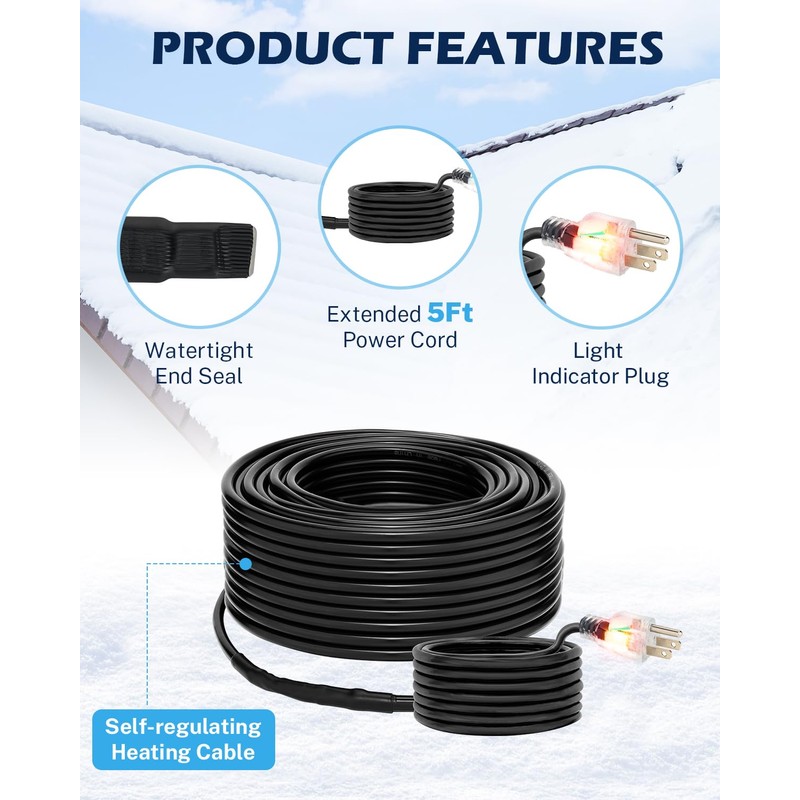 Oak Leaf 120Ft Heat Tape for Water Pipes, Self-Regulating Roof