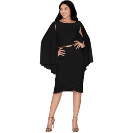 KOH KOH Plus Size Womens Long Cape Batwing Cloak Dolman Sleeve Belt Knee Length Fall Winter Work Tunic Dressy Formal Casual Cocktail Funeral Mini Midi Dress Dresses, Black 2XL 18-20