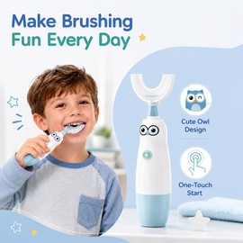 Hikid Kids Electric Toothbrush，360-Degree Sonic Vibration, IPX7 Waterproof,Toddler U Shaped Toothbrush with 2 Soft Brush Head,Cute Owl Design Baby Toothbrush for Ages 8–13（Blue）