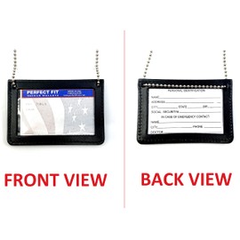 Neck Chain Double Sided ID Holder with 2 Clear Picture ID Windows, Leather Badge for Credential Pass to Wear Around The Neck for Police Law Enforcement, Factory Worker (Black) (Horizontal)