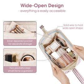 Narwey Striped Makeup Bag Women Wide-open Make up Bag Travel Cosmetic Bag Organizer Toiletry Bag for Cosmetics Toiletries Accessories (Dusty Rose Stripe)