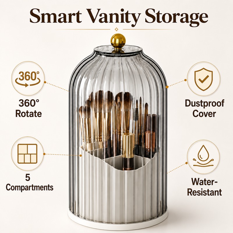 360° Rotating Makeup Brush Holder Organizer with Clear Cover –