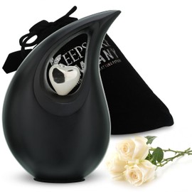 KEEPSAKE COMPANY White Teardrop Small Urns for Human Ashes/Mini Urn with Sky Blue Heart/Cremation Keepsakes for Ashes/Ash Holders (Black Matte, Small - S (15 Cu in))