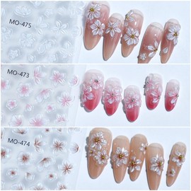 Flower Nail Stickers 6 Sheets Self-Adhesive Floral Nail Decals 5D Embossed Pink Purple White Nail Art Stickers for Women DIY Manicure Accessories Decorations