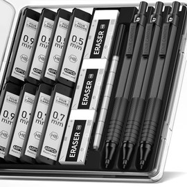 Four Candies Metal Mechanical Pencil Set, 3 Piece Artist Pencil 0.5mm & 0.7mm & 0.9mm with 480 HB Leads, 3 Erasers, 9 Eraser Refills Engineers Art Drawing Black