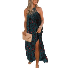 FARORO Womens Long Dress Sleeveless Casual Crochet Dresses Boho Lace Casual Halter Gown Split Loose Cover Up Halter Maxi Sundress Green Leopard
