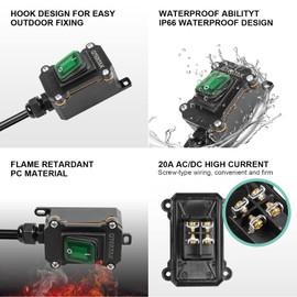 QTEATAK Inline Cord Switch DPST 4Pins AC/DC 20A-125V,16A-250V,30A-24V,35A-12V, IP66 Waterproof On-Off Toggle Switch with Green Light Rocker Button, One-Side Entry and Exit Line, Outdoor