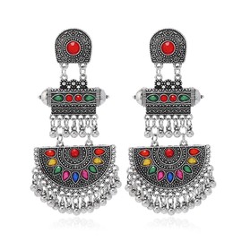 Boho CZ Indian Dangle Drop Statement Earrings for Women Antique Silver Gold Plated Birthstone Bohemian Beaded Bell Tassel Dangling Stud Earring Lightweight Vintage Mexico Jhumka Jhumki Jewelry (Antique Silver)