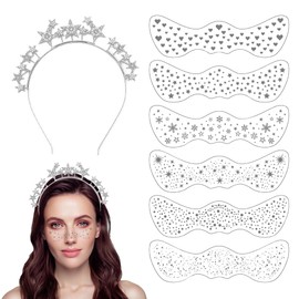 TOEECY Haarreif Sterne mit 6 Stück Gesichtstattoo Simulation Sommersprossen-Aufkleber Perlen Stirnband Haarband Haarschmuck Damen Glitzersteine Gesicht Stern Kostüm für Frauen Mädchen (Silber)