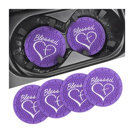 AICEL 4 Pack Car Cup Coasters, 2.75 Inch Soft PVC Car Cup Holder Insert Coaster, Blessed Cross and Heart Christian Anti Slip Shockproof Drink Mat, Universal Vehicle Interior Accessories (Dark Purple)