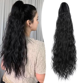 Ponytail Extension Synthetic 32 Inch Curly Wavy Ponytail Extension Drawstring Hairpiece One Piece Long Pony Tails Hairpieces Wig For Women Girls (Natural Black #6)