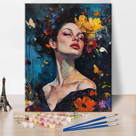 TISHIRON Abstract Woman Colour by Numbers Adult Canvas, Flowers and Girls Colour by Number Kits on Canvas with Frameless Oil Painting Kits Arts and Crafts Home Decor Mother's Day 16 x 20 Inches