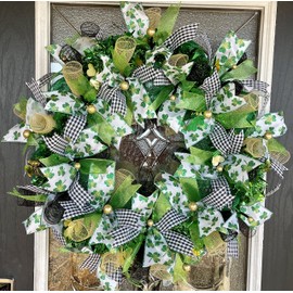 XL Fun Green Bling St. Patrick's Day Deco Mesh Front Door Wreath, Shamrocks Clover, Porch Patio Yard Art Decor, Wall Decoration, Indoor Outdoor