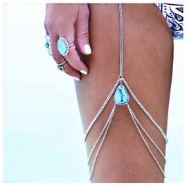Aneneiceera Vintage Layered Turquoise Leg Chain Silver Turquoise Thigh Leg Chain Multilayer Thigh Chain Summer Leg Thigh Chain Body Jewellery for Women and Girls, Silver, Turquoise