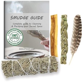 Ancient VEDA Organic Smudge Kit – Blue Sage, Palo Santo, Sweetgrass Braid, Feather & Smudge Guide | Home Cleansing Kit for Meditation, Yoga, Energy Healing & Gift (Starter Kit, Blue Sage)