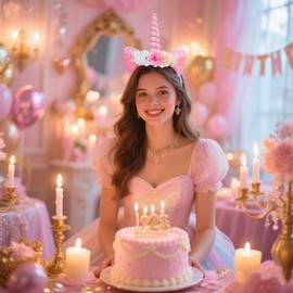 OIUUBBII Unicorn Horn Headband with Glitter Ears & 3 Colors Flowers Hair Hoop - Pink Sparkly Unicorn Hairband for Women Girls Festival Birthday Cosplay Costume Party Accessories