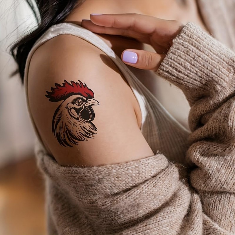 16 Sheets Rooster Temporary Tattoos. Watercolour Colourful Poultry Art.