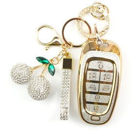 Rayslesan Sparkly Key Fob Cover with Cherry Keychain, Bling TPU Smart Key Case for Women, Compatible with Hyundai Sonata Santa Fe Tucson Nexo 2019-2021 Palisade 2023-2024 (7-Button, Gold White)