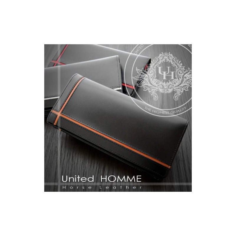 United HOMME UH-1074 Black Horsehide Cross Line Bi-Fold Long Wallet,