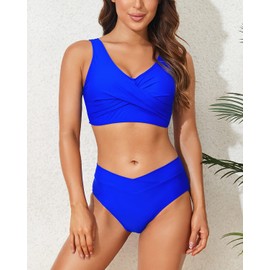 Limeeke Women's High Waisted Bikini Set Twist Front Two Piece Swimsuit Lace Up Tie Back Bathing Suits Royal Blue S