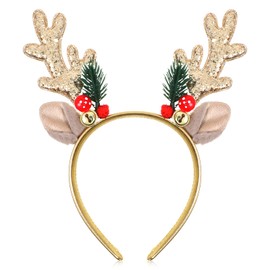 Tweruna Gold Reindeer Antlers Headband with Bell, Gold Glitter Christmas Headbands for Women, Glitter Elk Deer Antlers Headband for Women Costume Accessory Party Gift Christmas Accessories