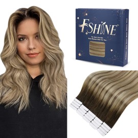 Fshine Tape-In Real Hair Extensions, 35 cm, 50 g, Straight Hair, Balayage Colour Dark Brown Transitioning to Medium Brown with Medium Blonde, Remy Hair Extensions, Invisible Real Hair Extensions, 20 Pieces