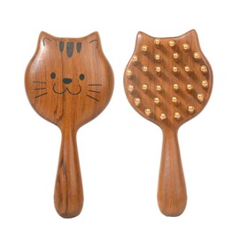 Brass Sandalwood Hair Brush - Cat Shape Scalp Massager, Travel Size Wooden Detangler for Men and Women, Suitable for Dry & Wet Hair