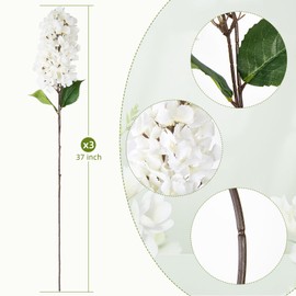 Domaxfico 3PCS 37" Fake Flowers Hydrangea Artificial Flowers Long Stem White Faux Flowers for Vase, Real Touch Silk Flowers Décor for Floral Arrangement Home Wedding Office Hotel Decoration