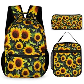 Homieblanket Sunflower Backpack with Lunch Box & Pencil Case, 16 Inch Cute Sunflowers Themed Bookbag, Adjustable Lightweight Large Capacity, Colorful Daily Casual Backpacks Set with Lunch Bag