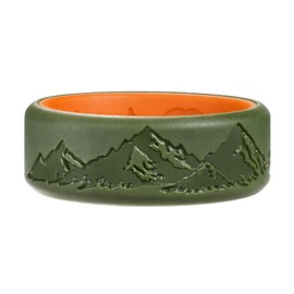 King Will Silicone Rings For Men, Olive Green & Orange Rubber Wedding Bands with Unique Mountain Peak Design, 8mm Wide 2.2mm Thick, Comfort Fit Size 7