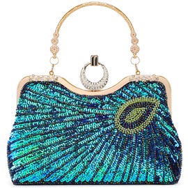 Vintage Beaded Bag Sequin Peacock Evening Clutch Purse for Women Formal Evening Bag Green Blue Wedding Prom Party Handbag
