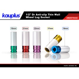 Kauplus 1/2-Inch Non Marring Wheel Protector Lug Nut Socket Set 5-Piece Anti-Slip Rounded Lug Bolt Socket – Thin Walled Impact Wheel Lug Nut Socket -6 Point Metric 15MM -22MM