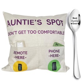ZUYUROU Auntie Gifts,2-Pocket Auntie’s Spot Throw Pillow Covers 18x18 Inch + Engraved Spoon, Mothers Day Birthday Christmas Thanksgiving Day Gifts for Auntie Aunt