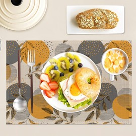 Leaves Place Mats Set of 6, Stripes and Dots Table Mats,Heat Insulation Non Slip Washable Dining Placemats for Wedding Holiday Party Kitchen Decor 12X18 in