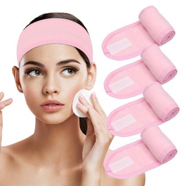 Spa Facial Headband Head Wrap Adjustable Terry Cloth Hair Band 4 Counts Stretch Towel for Washing Face, Skincare，Shower, Facial Mask Bath, Makeup and Sport (Pink 4 Pack)