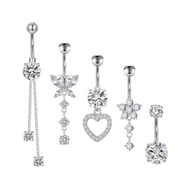 Uzndq Pack of 5 belly button piercings, belly button piercing, silver, real stainless steel, hanging chain, long, piercing butterfly set, piercings belly piercing (stainless steel), Stainless Steel,