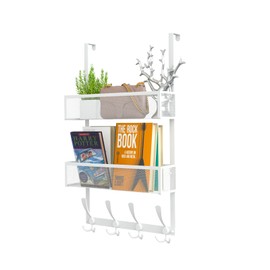 Kaiferty Over The Door Hooks Organizer,Coat Rack with 12 Hooks and 2 Mesh Baskets,Back of Door Storage Organizer for Bathroom,Bedroom,Kitchen,Office(White)