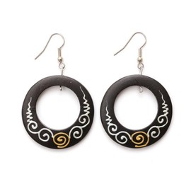Idin Handmade Earrings - Organic classic wooden hoop drop earrings with hand-painted swirl pattern