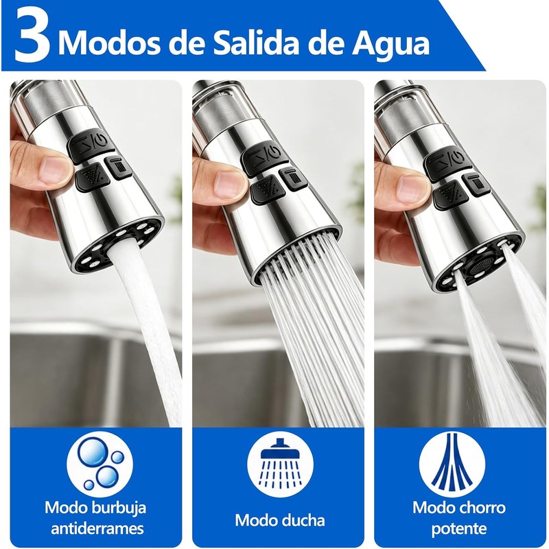 Aireador de Grifo Cocina con Filtro, 3 Modos Extensor G1/2