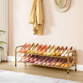 Hoctieon 2 Tier Shoe Rack for Closet, Durable Mesh Style Shoe Rack, Entryway Shoe Shelf, Shoe Storage Organizer for Hallway, Bedroom, Living Room, Wardrobe, Gold