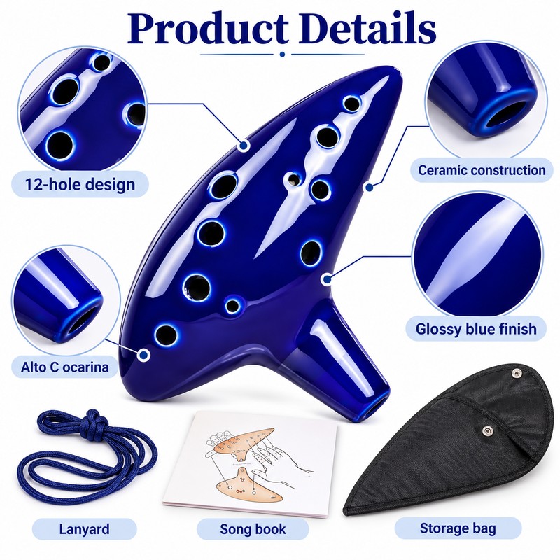 12 Hole Alto C Ceramic Ocarina – Handmade Blue Wind