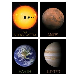 Artery8 Pack of 4 NASA Our Solar System The Sun and Planets Size Comparison Mars Earth Jupiter Images Unframed A4 Wall Art Living Room Prints Set