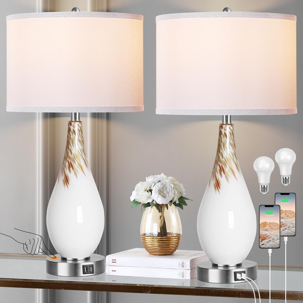 PARTPHONER Touch Control Table Lamps Set of 2, 27.5" Tall Modern Art Glass Bedside Lamp with USB Ports, 3-Way Dimmable Hand Crafted Nightstand Lamps White Drum Shade for Living Room Bedroom Home