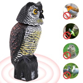 Horned Owl Decoy and 360° Rotating Head Owl Statue to Scare Birds Away for Patio Yard Garden