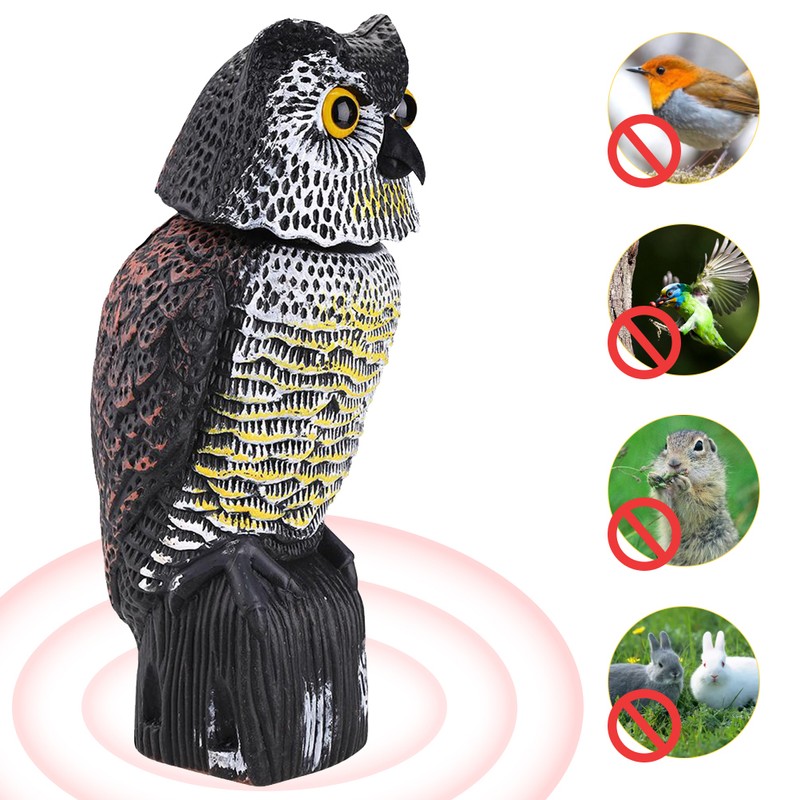 Horned Owl Decoy and 360° Rotating Head Owl Statue to
